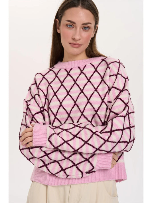 Roze trui met bordeaux patroon