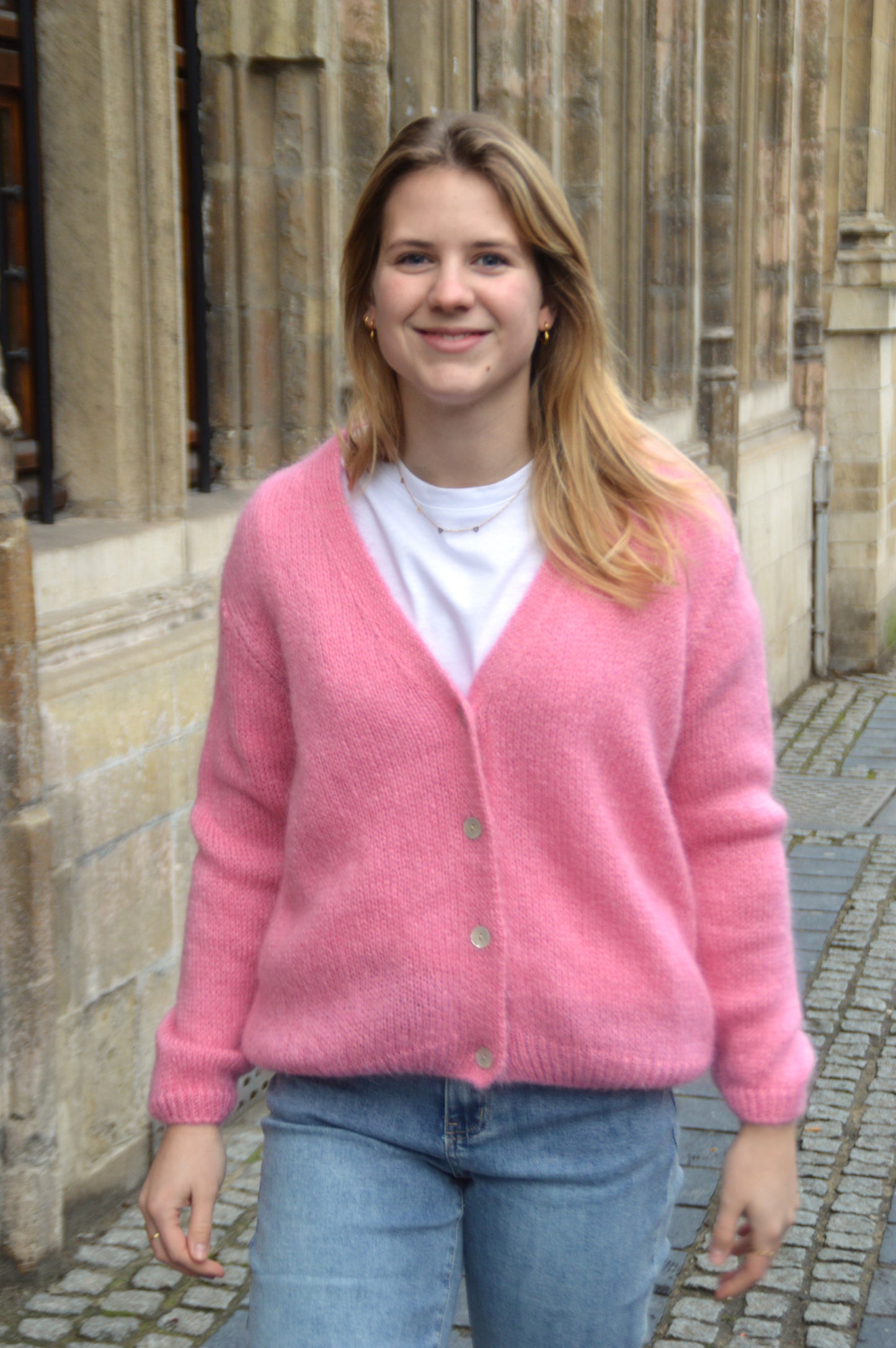 Roze mohair gilet