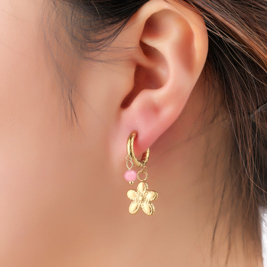 Oorbellen Small Stone + Flower Hoop - Goud + Roze
