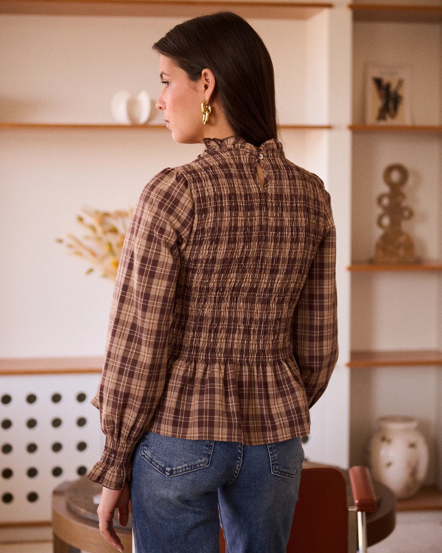 Geruite blouse bruin