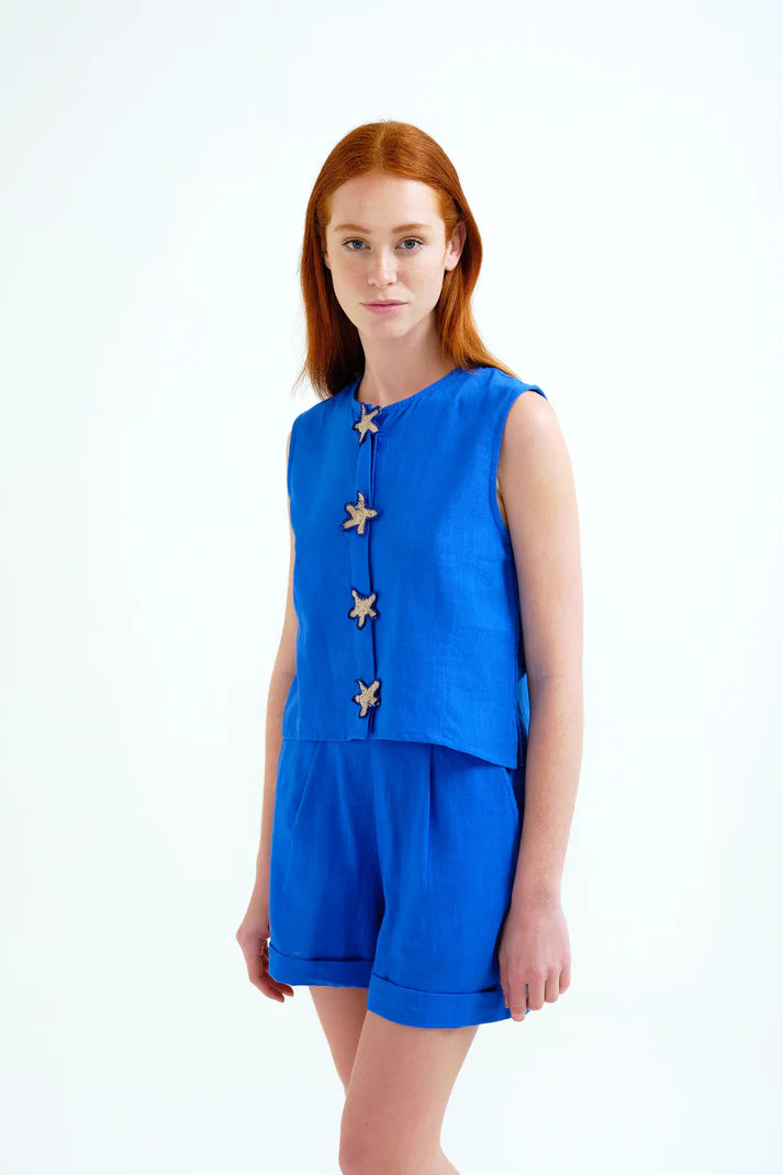 Blauwe linnen short