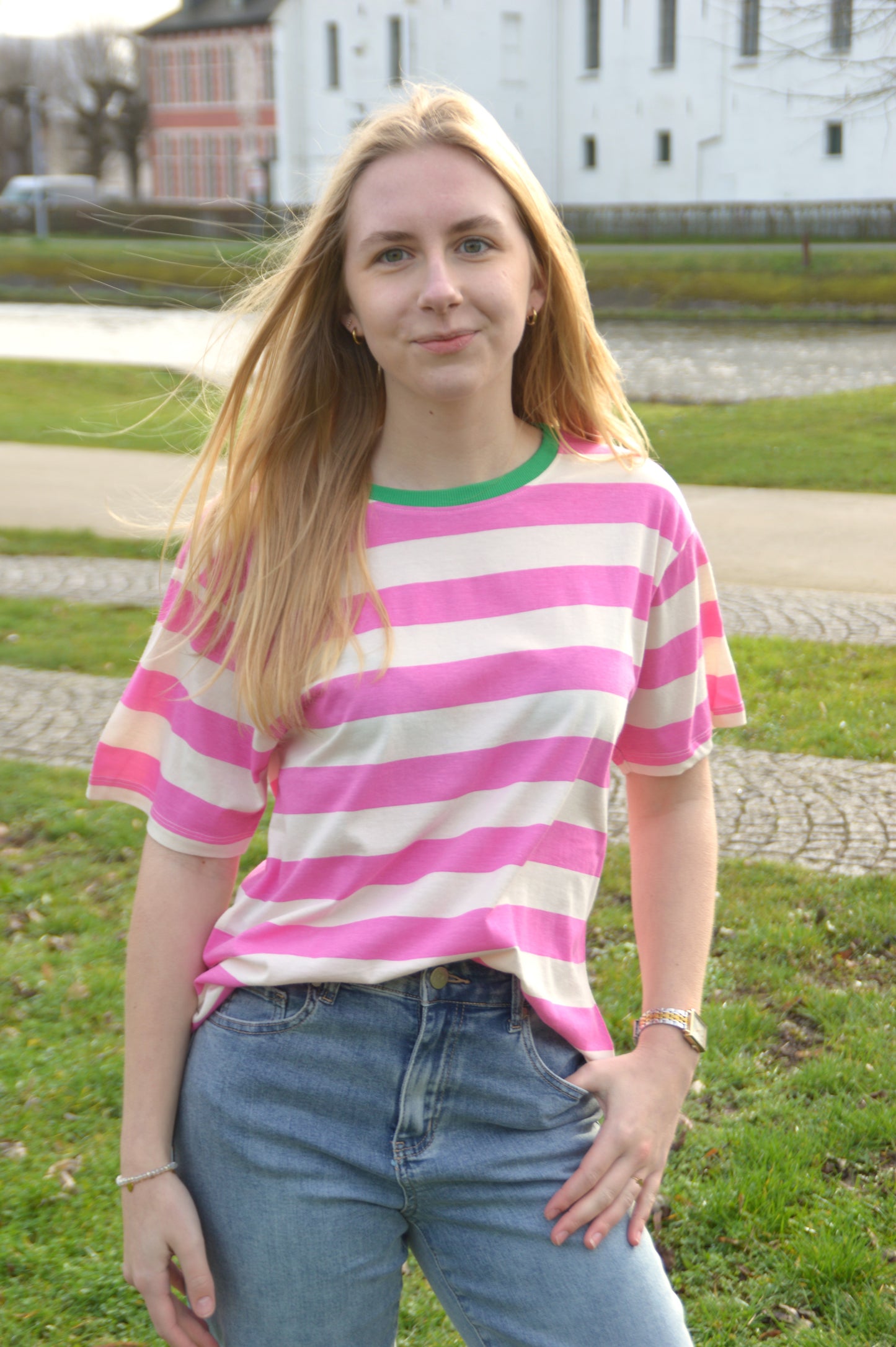 T-shirt streepjes wit-roze