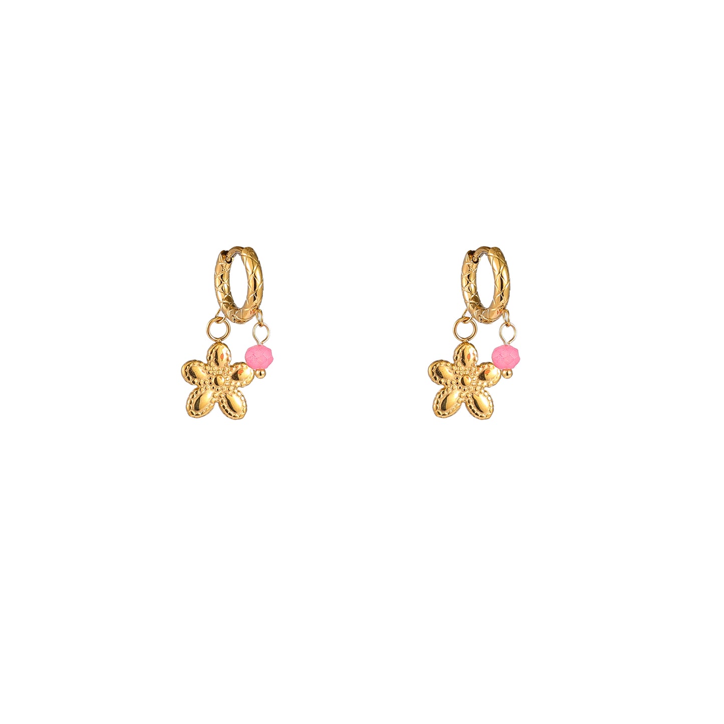 Oorbellen Small Stone + Flower Hoop - Goud + Roze