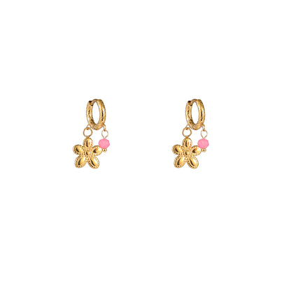 Oorbellen Small Stone + Flower Hoop - Goud + Roze