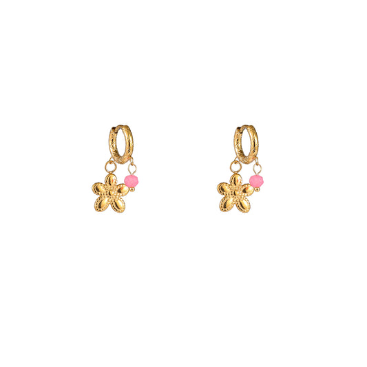 Oorbellen Small Stone + Flower Hoop - Goud + Roze