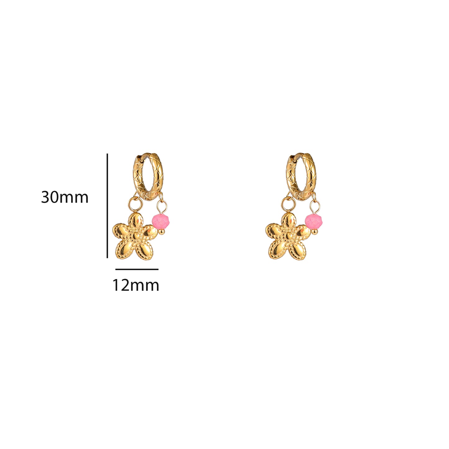 Oorbellen Small Stone + Flower Hoop - Goud + Roze