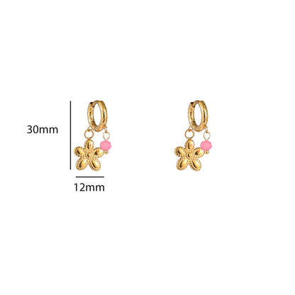 Oorbellen Small Stone + Flower Hoop - Goud + Roze