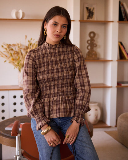 Geruite blouse bruin