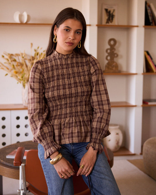 Geruite blouse bruin