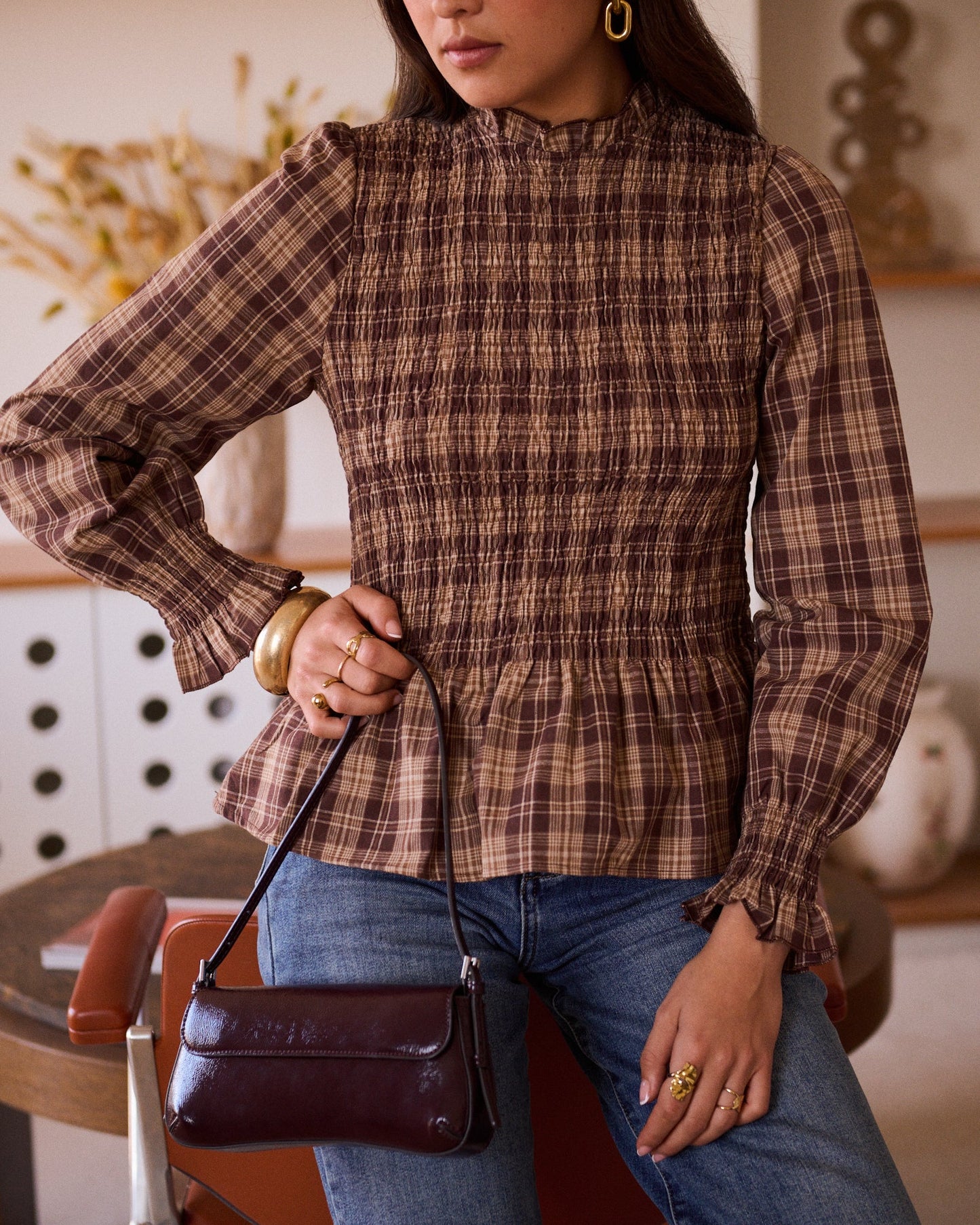 Geruite blouse bruin