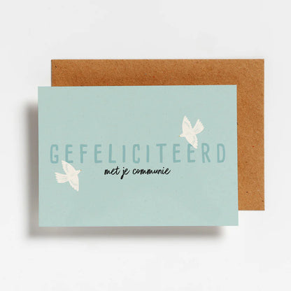 Kaartje communie vogels blauw