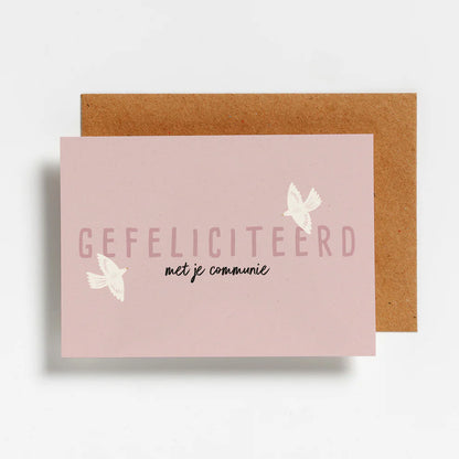 Kaartje communie vogels lila